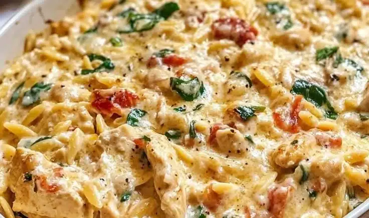 Plate of Tuscan Chicken and Orzo garnished with fresh herbs and tomatoes