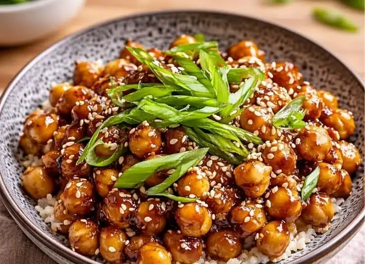 Vegan sticky sesame chickpeas with sesame seeds in a bowl
