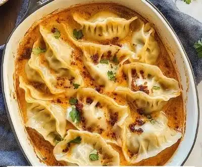 Viral Trader Joe's Dumpling Bake served in a dish with garnish
