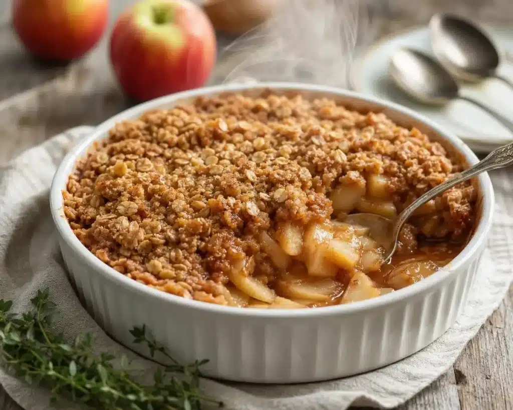 Delicious homemade Apple Crisp with golden topping and fresh apples
