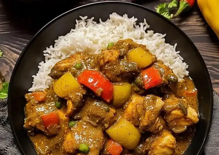 Plate of authentic Jamaican Curry Chicken with vibrant spices and herbs.