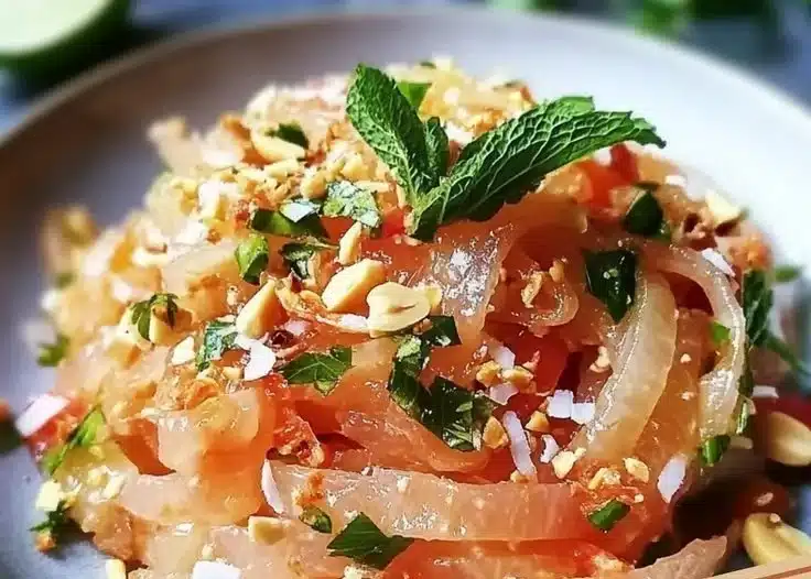 Authentic Thai Pomelo Salad with vibrant ingredients and colorful presentation.