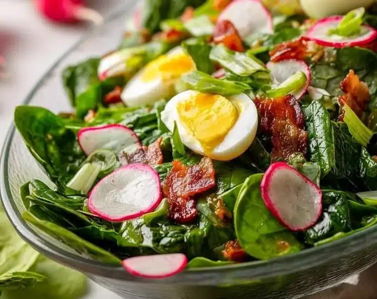 Bacon Egg Spinach Spring Salad with fresh ingredients on a plate