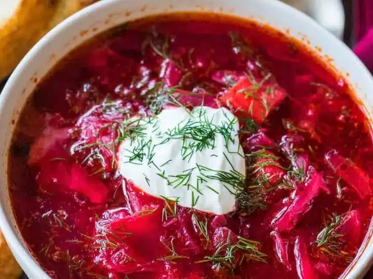 Borscht 4 A bowl of vibrant red borscht topped with sour cream and fresh herbs.