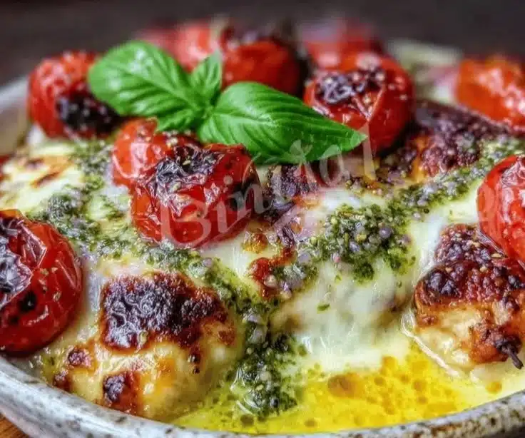 Caprese Chicken Casserole 4 Baked Caprese Chicken Casserole topped with fresh basil and mozzarella cheese