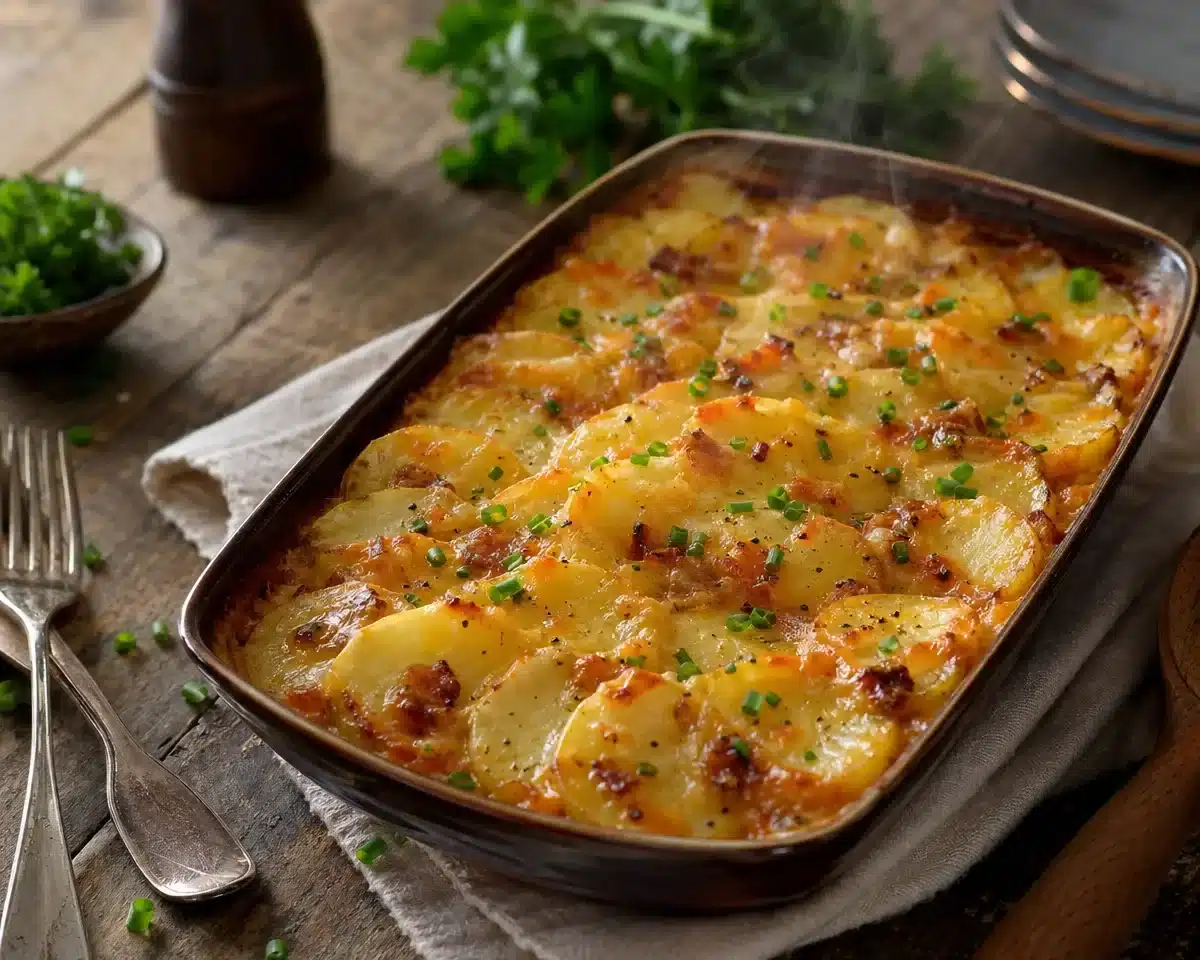 Bowl of cheesy grilled ranch potatoes garnished with herbs
