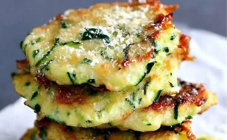 Cheesy Zucchini Fritters 4 Delicious cheesy zucchini fritters garnished with herbs on a plate