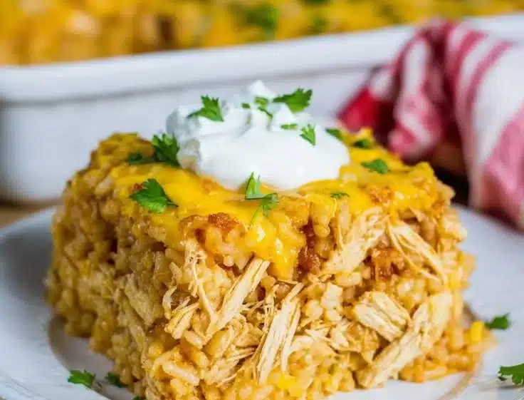Delicious Chicken Enchilada Rice Casserole ready to serve