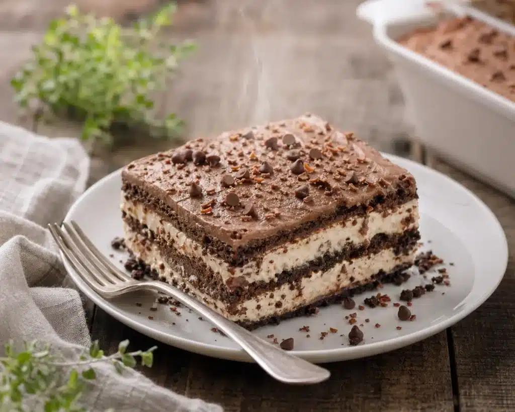 Delicious chocolate lasagna dessert with layered chocolate and cream filling
