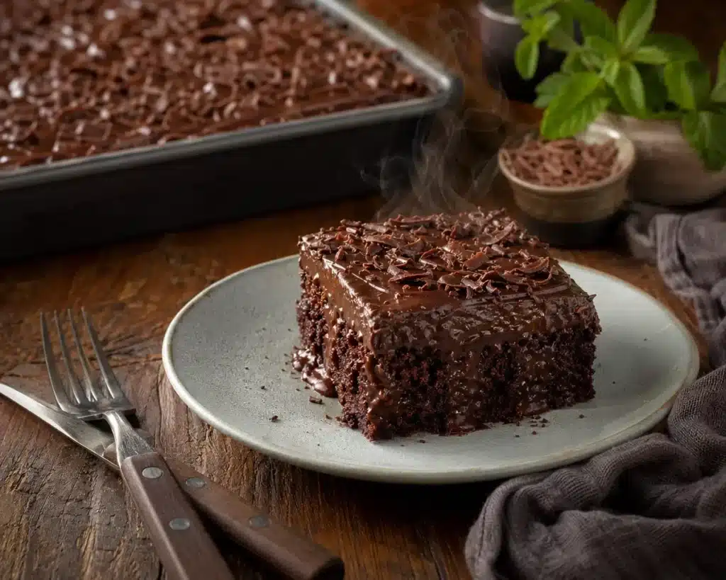 Delicious homemade Chocolate Poke Cake with chocolate filling and whipped cream topping.