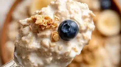 Bowl of classic Greek yogurt oatmeal topped with fruits and nuts