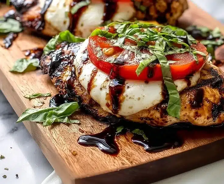 Classic grilled chicken caprese with mozzarella, tomatoes, and basil.