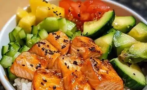 Clean eating salmon rice bowl with fresh ingredients and vibrant colors