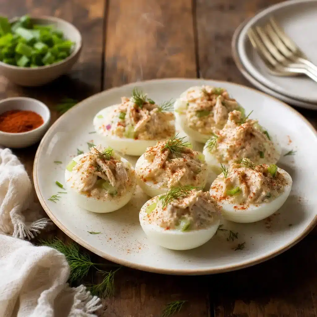 Creamy chicken salad deviled eggs, a delicious recipe from The Girls' Kitchen.