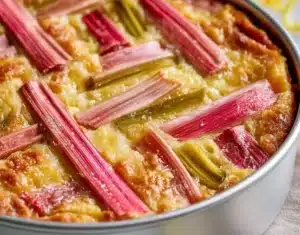 Creamy rhubarb custard cake slice on a plate with fresh rhubarb