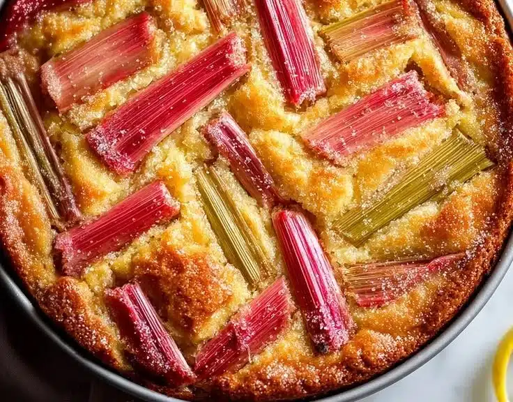 Creamy Rhubarb Custard Cake - thegirlskitchen