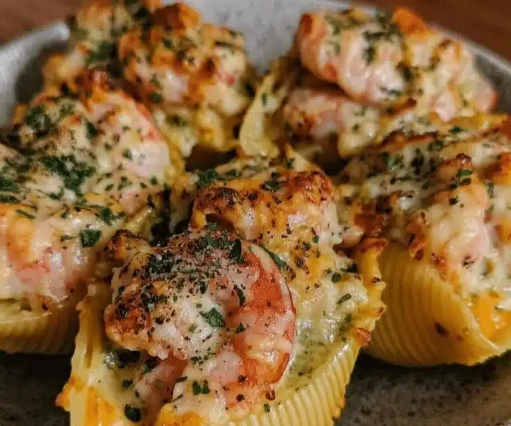 Plate of creamy seafood stuffed shells topped with cheese and herbs
