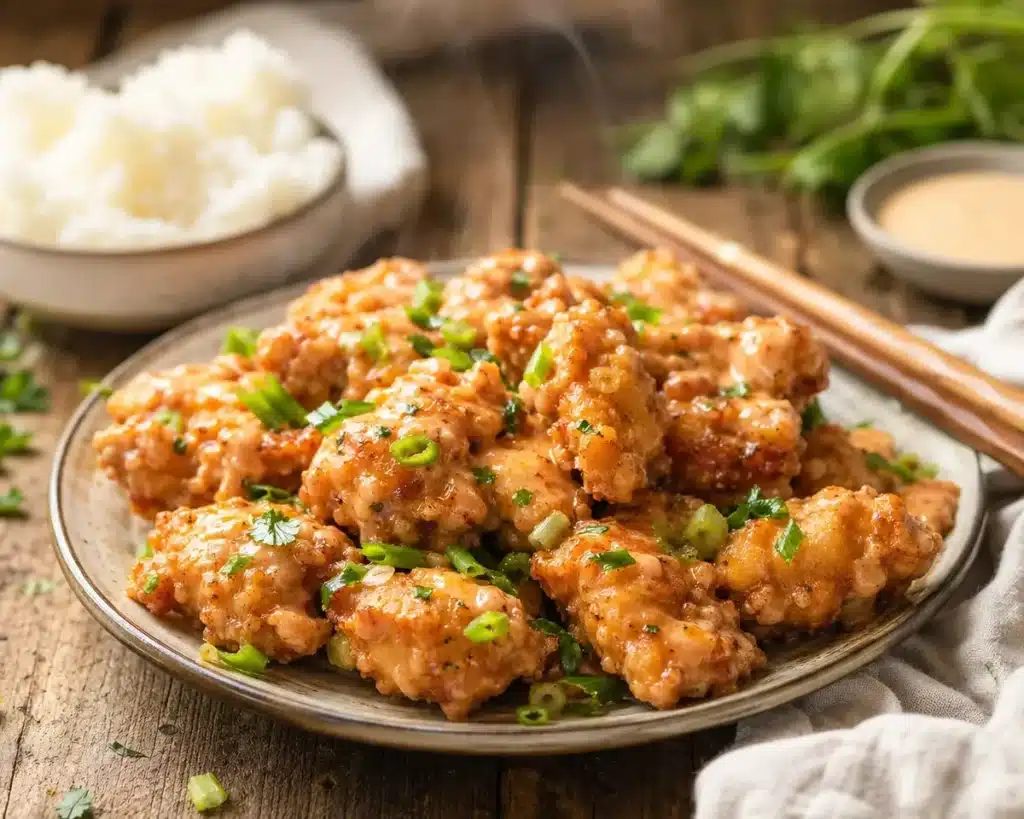 Crispy Gluten Free Bang Bang Chicken served on a plate with garnishes