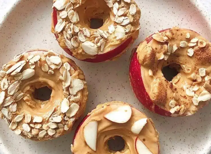 Delicious donut apples sliced and served with peanut butter for a healthy snack