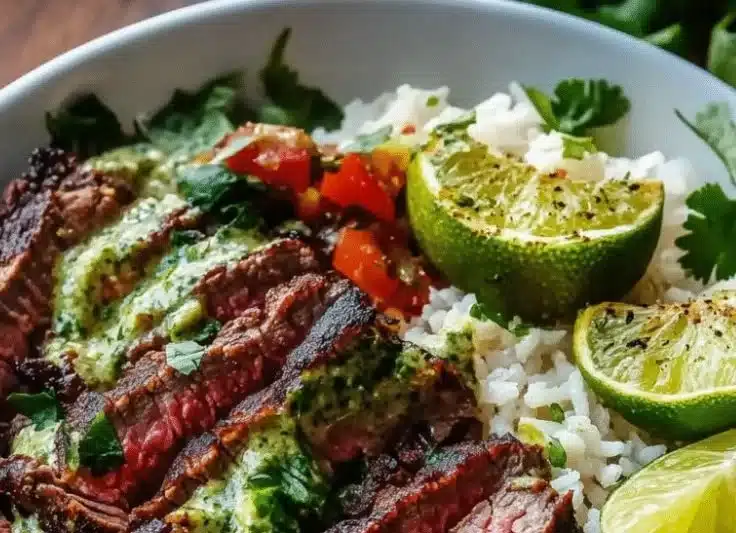 Easy cilantro lime steak and rice bowls garnished with fresh cilantro