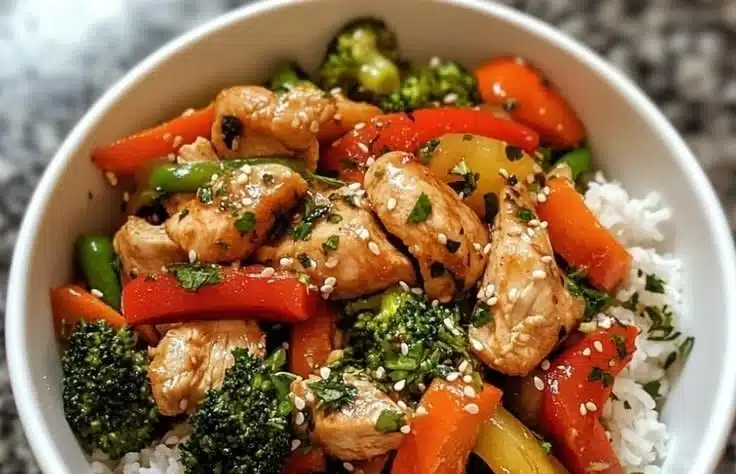 Easy & Flavorful Simple Chicken Veggie Stir Fry Bowl Recipe 4 Delicious chicken veggie stir fry bowl with vibrant vegetables and chicken pieces