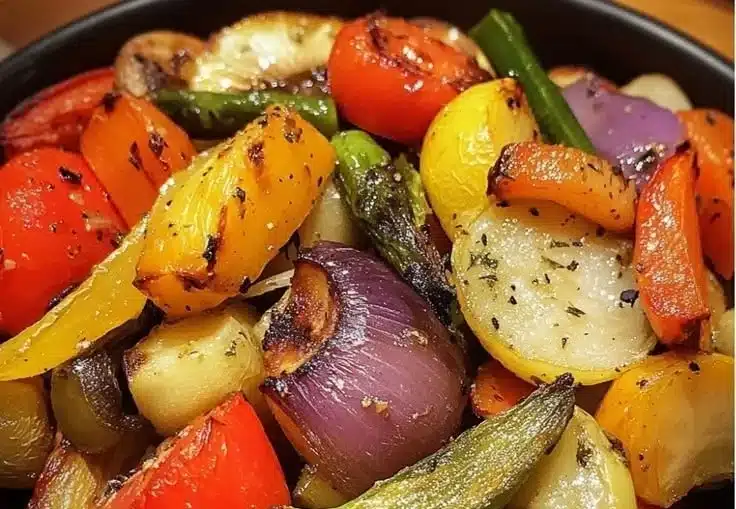 Delicious oven roasted mixed vegetables medley bursting with flavor on a plate.