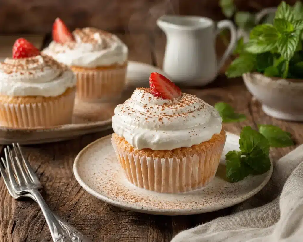 Deliciously moist Tres Leches Cupcakes topped with creamy frosting.