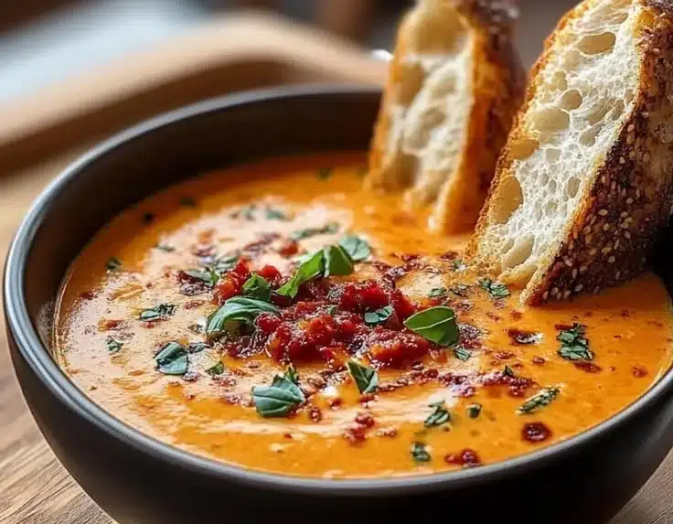 Bowl of fire roasted tomato soup garnished with fresh herbs and spices.