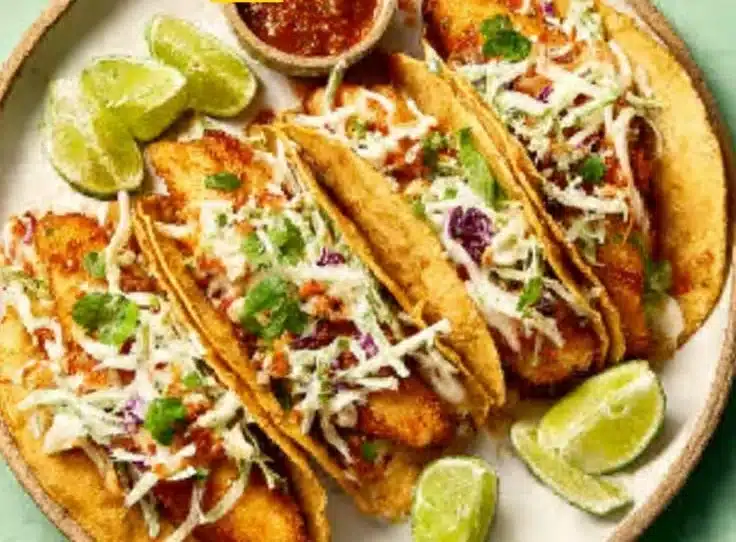 Delicious fish tacos with fresh toppings and vibrant salsa on a plate