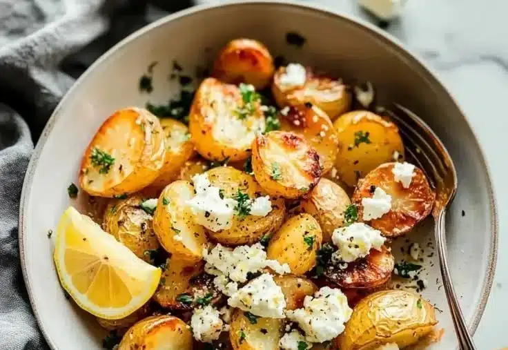 Greek Roast Potatoes 3 Delicious Greek roast potatoes served on a plate with herbs.