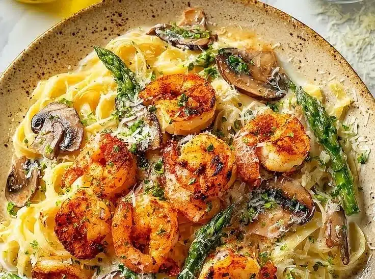 Grilled Shrimp with Fettuccine Alfredo 5 Plate of grilled shrimp served with creamy fettuccine Alfredo pasta