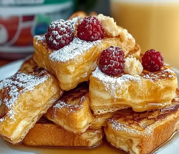 Delicious Hawaiian Roll French Toast served with syrup and powdered sugar
