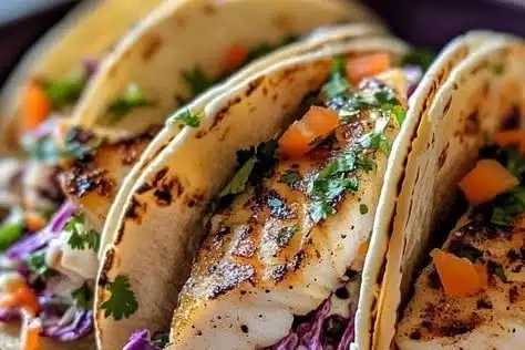 Healthy Grilled Fish Tacos with Slaw 5 Healthy grilled fish tacos served with fresh slaw on a plate
