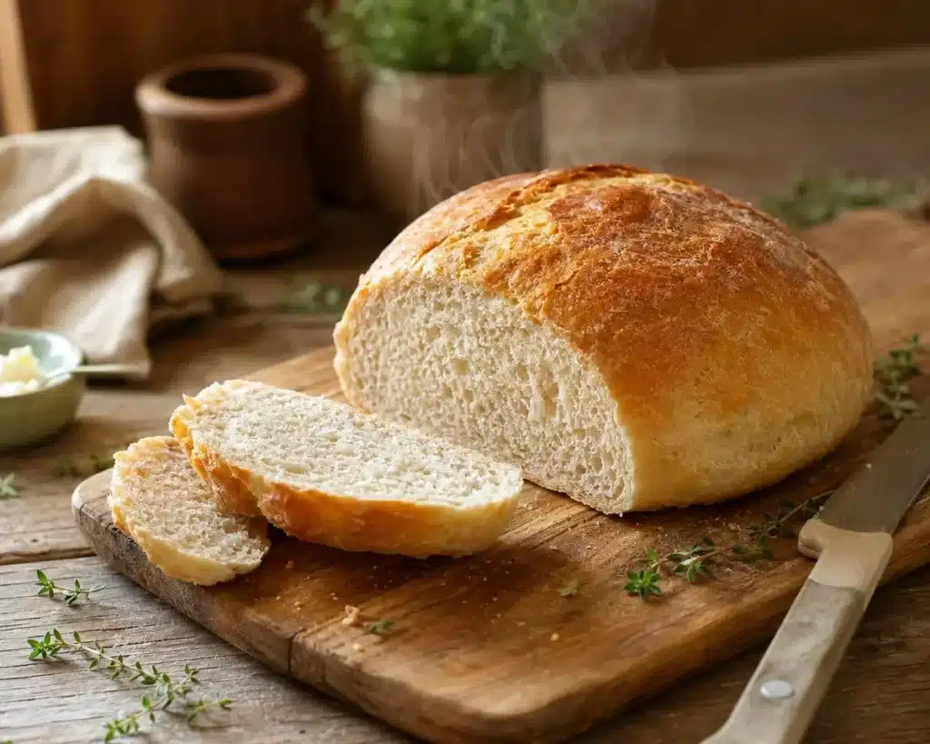 Freshly baked homemade bread loaf cooling on a wire rack.