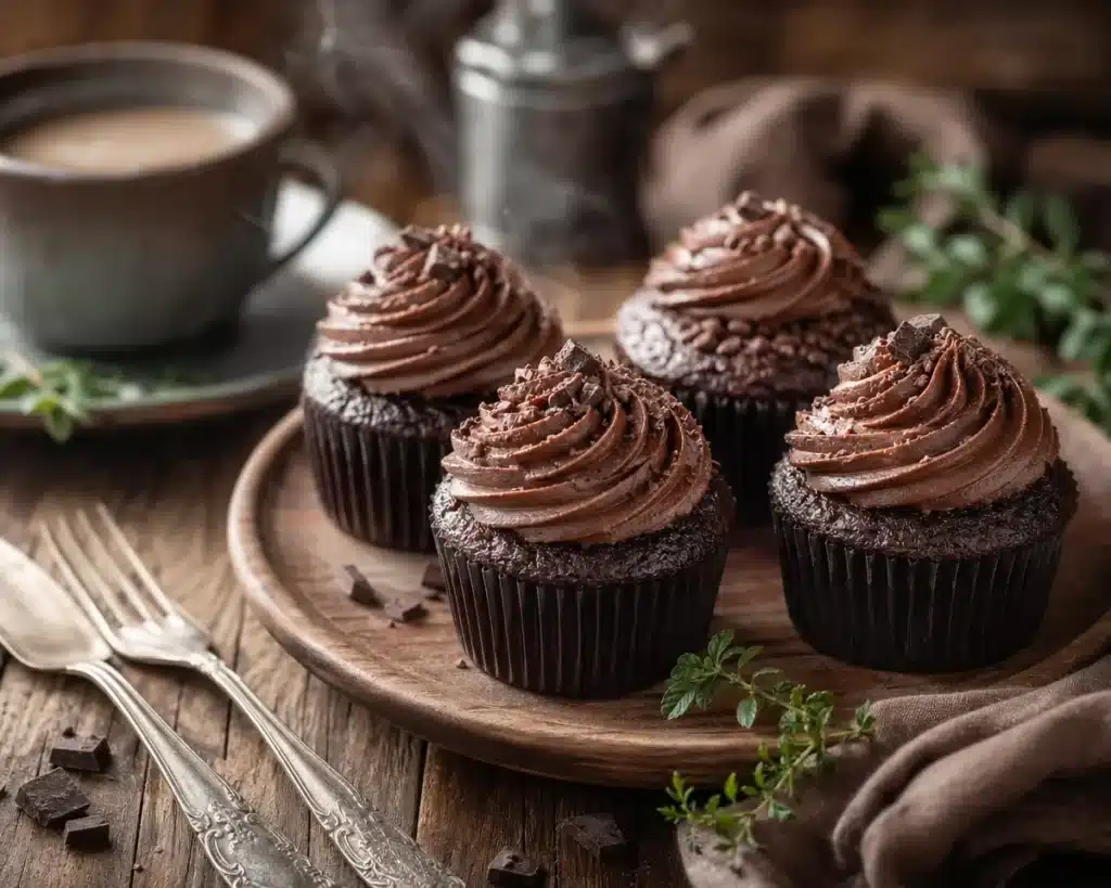 Delicious homemade chocolate cupcakes topped with creamy frosting