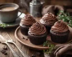 Delicious homemade chocolate cupcakes topped with creamy frosting