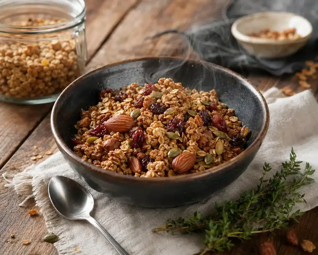 Bowl of homemade granola with nuts and dried fruit