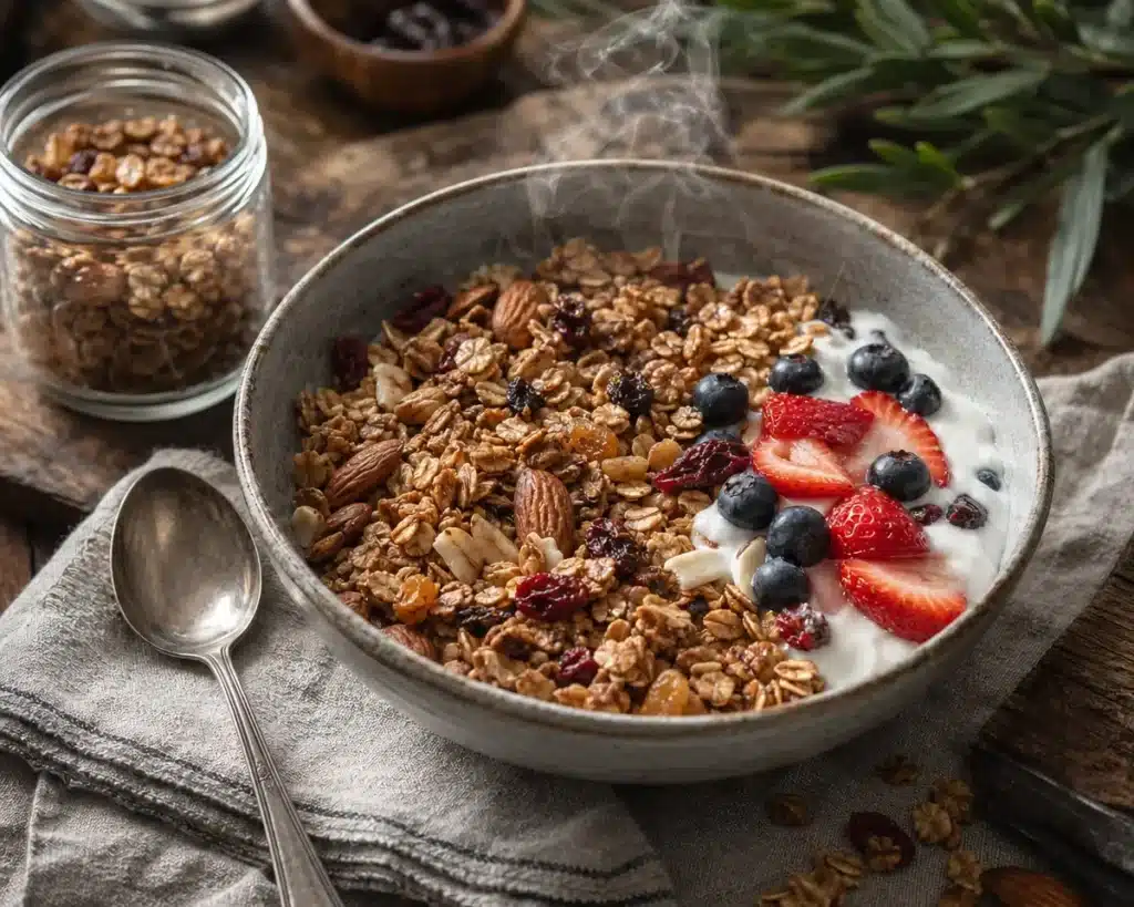 Bowl of homemade granola with nuts and fruits