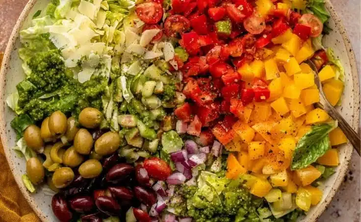 Freshly made Italian Chopped Salad with colorful vegetables and herbs