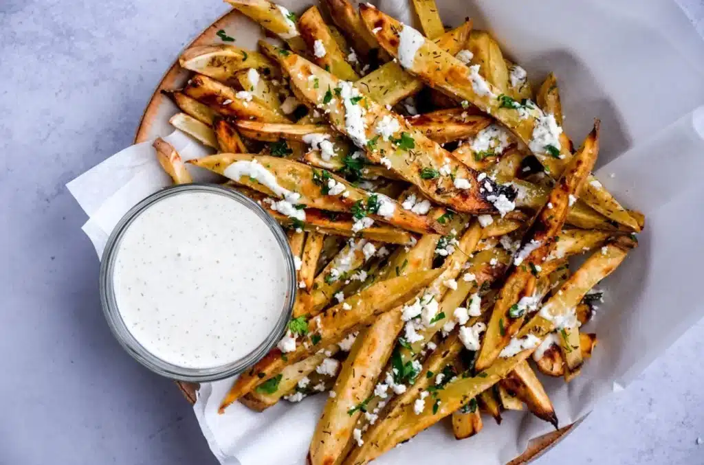Delicious loaded Greek fries topped with feta, olives, and fresh herbs.