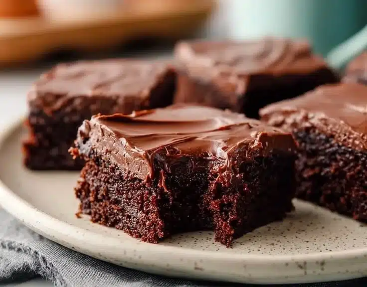 Moist chocolate frosted brownies from The Girls' Kitchen, a delicious dessert.
