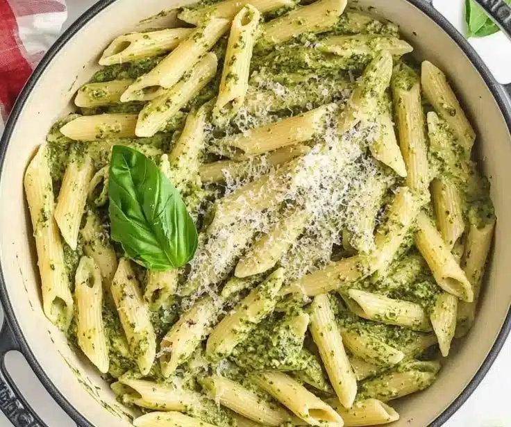 Bowl of Pesto Ricotta Pasta with fresh basil and cherry tomatoes