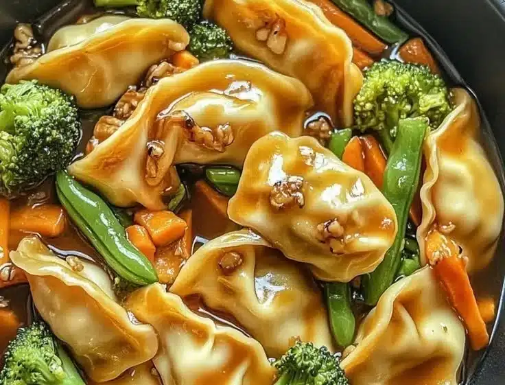 Colorful potsticker stir fry with vegetables and dumplings in a skillet