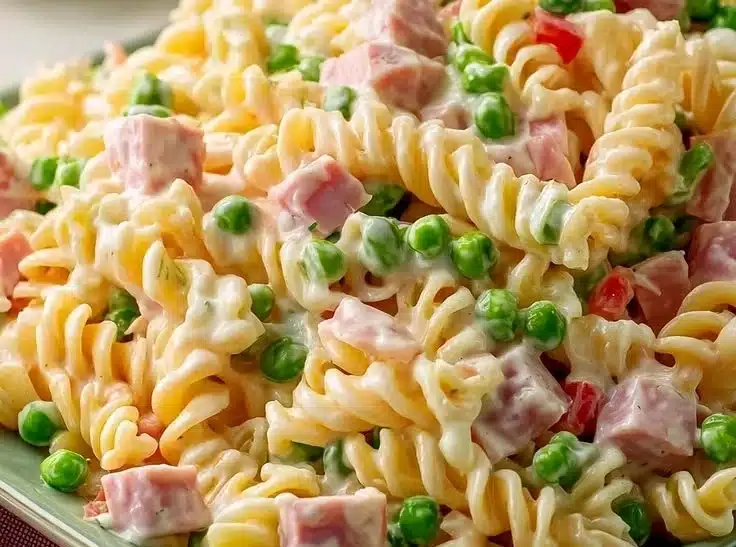 Satisfying Ham Pasta Salad with Ranch Dressing served in a bowl