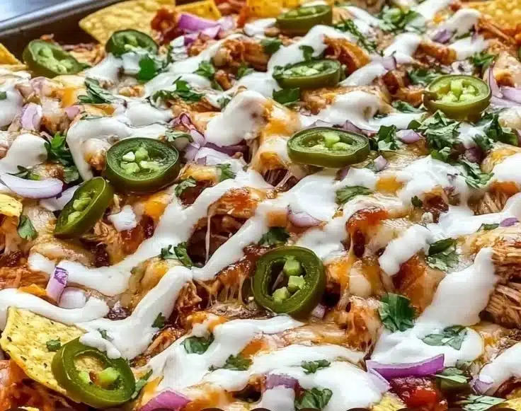 Delicious sheet pan BBQ chicken nachos topped with cheese and jalapenos