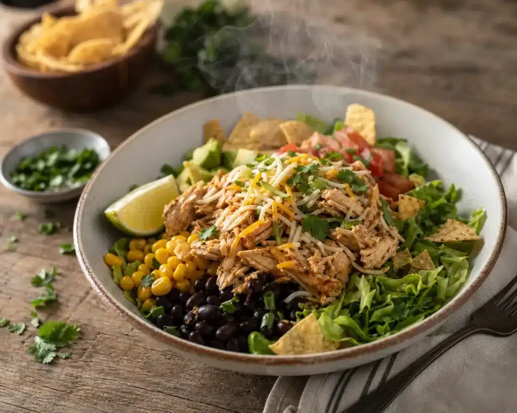 Delicious shredded chicken taco salad with fresh ingredients