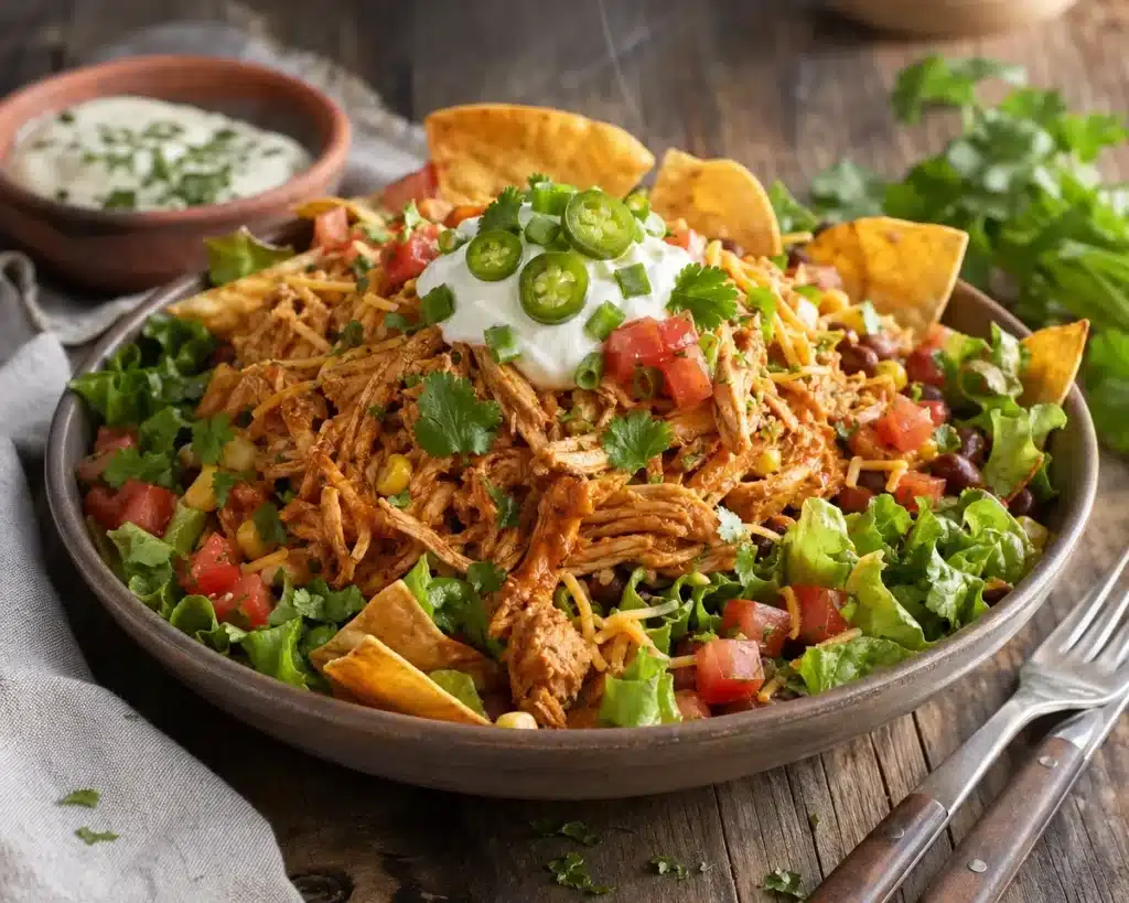 Delicious shredded chicken taco salad with fresh vegetables and toppings