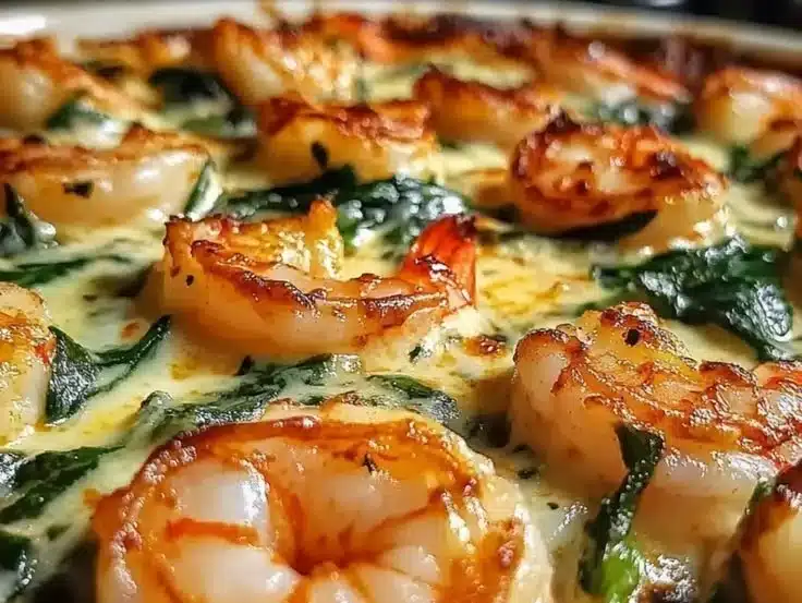 Shrimp Tuscan Bake with creamy sauce and vegetables