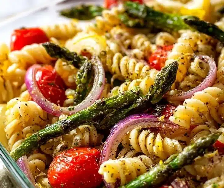 Simple grilled asparagus pasta salad with colorful vegetables and a drizzle of olive oil.