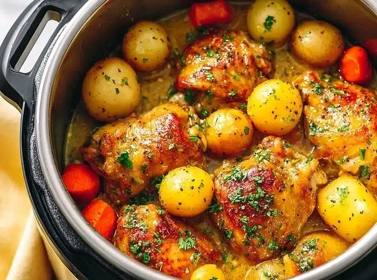 Instant Pot honey mustard chicken served with vegetables